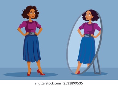 
Fashionable Woman Checking Herself in the Mirror Vector Cartoon. Cool trendy girl of African ethnicity checking her own outfit 
