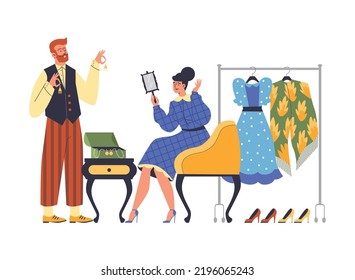 Fashionable Woman Chooses Accessories With Help Of Professional Stylist, Flat Vector Illustration Isolated On White. Male Shop Assistant Helps Client During Shopping.