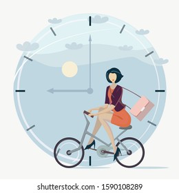 Fashionable woman commutes to work on bike at nine am, time vector illustration 