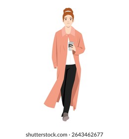 Fashionable woman confidently walks while holding a coffee cup, dressed in a long peach coat. Flat vector illustration isolated on white background