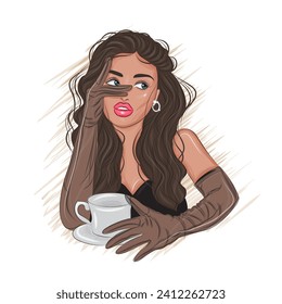 Fashionable woman with cup and gloves fashion vector illustration