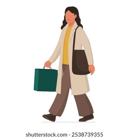 Fashionable woman doing shopping, she is holding a shopping bag and smiling, isolated