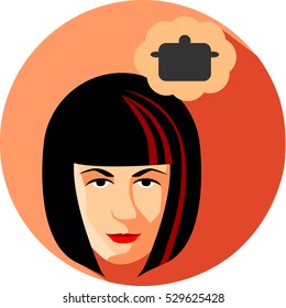 Fashionable woman dreams about cooking. Flat Style.
The girl brunette on a red background. Pan