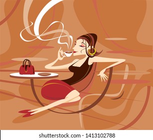 Fashionable woman drinking steaming coffee on abstracted background