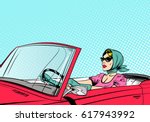 Fashionable woman driving red cabriolet. Pop art comics retro design vector illustration.