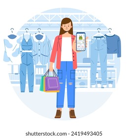 Fashionable Woman girl female at mall show Online mobile app on phone shopping clothing store shop 