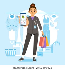 Fashionable Woman girl female at mall show Online mobile app on phone shopping clothing store shop 