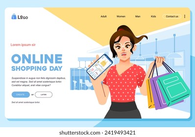 Fashionable Woman girl female show Online mobile app on phone shopping clothing landing page web template
