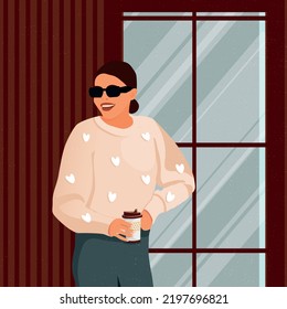 Fashionable woman. The girl left the cafe. The girl is dressed in a warm sweater and jeans. The girl drinks coffee. Vector illustration of a girl on the background of a cafe