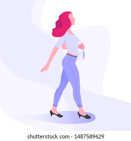 Fashionable woman or girl is walking with a handbag on his shoulder. Happy young girl or woman goes shopping with her head held high. Colorful vector illustration in cartoon style. Flat young woman.