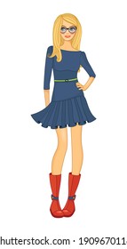 Fashionable woman with glasses in dress and red boots flat vector illustration