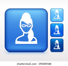 Fashionable Woman with Glasses on Blue Square Buttons