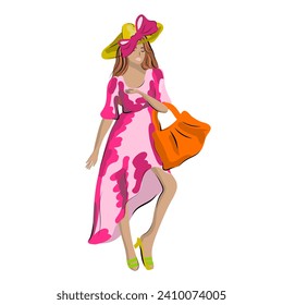 Fashionable woman in a hat, bright summer outfit.