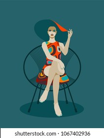 Fashionable woman with hat sitting in chair. Retro pop art style. Eps10 