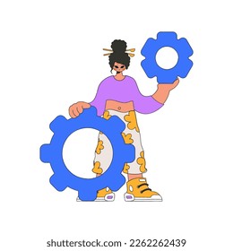 Fashionable woman holding gears in her hands. Idea theme.