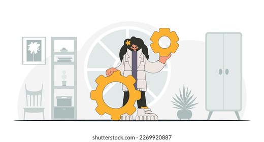 Fashionable woman holding gears. Idea concept. trendy character.