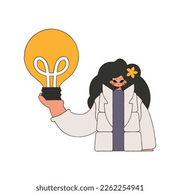 Fashionable woman holding a light bulb in her hands. Idea theme.