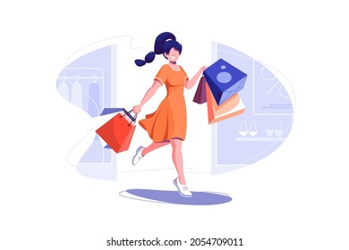Fashionable woman holding packages with clothes after shopping vector illustration. Come out of shop flat style. Shopping, fashion concept