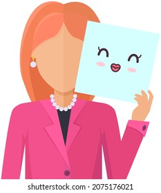 Fashionable woman holding picture of cute kawaii face. Manga style eyes and mouths. Funny japanese facial expression. Eastern kawaii anime culture elements. Lady shows emotion of kiss on paper