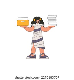 A fashionable woman holds a stack of documents in her hands.