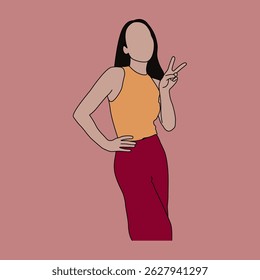 Fashionable Woman Illustration Making Peace Sign, Stylish Female Flat Design with Victory Gesture