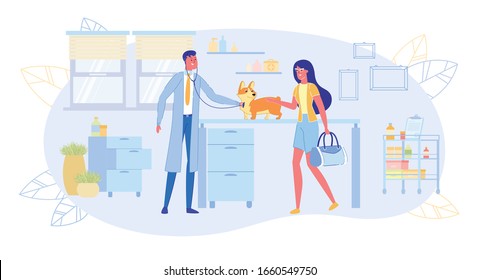 Fashionable Woman or Lady Coming with Small Dog for Medical Examination Flat Cartoon Vector Illustration. Vet Checking Up Little Animal with Equipment. Healthcare Concept. Illness and Treatment.
