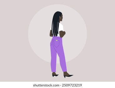 A fashionable woman with long braided hair stands gracefully, her arms folded, radiating confidence while showcasing her trendy outfit in a minimalist setting