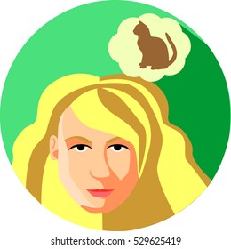 Fashionable woman with long hair dreams of a pet. Flat Style.
Blonde girl on a green background. Silhouette of kitten