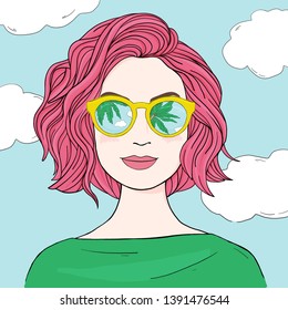 Fashionable woman with pink hair in mirrored sunglasses. Colorful vector illustration in sketch style. Hand-drawn.