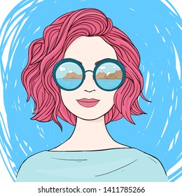 Fashionable woman with pink hair, mirrored glasses on a blue background. The glasses reflect the mountains and the sea. Colorful vector illustration in sketch style. Hand-drawn.