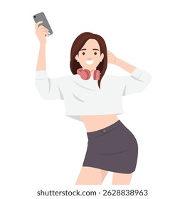 Fashionable woman poses confidently with headphones around her neck and a phone raised for a selfie. Flat vector illustration isolated on white background