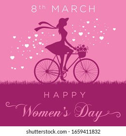 Fashionable woman riding bicycle with floral basket surrounded by hearts, vector Woman's Day greeting 