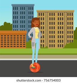 Fashionable woman riding on one wheel electric scooter on city background, intelligent and fashionable personal electric vehicle vector illustration