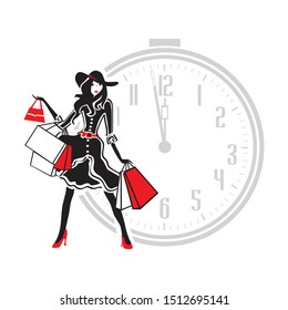 fashionable woman with shopping bags and alarm clock, vector