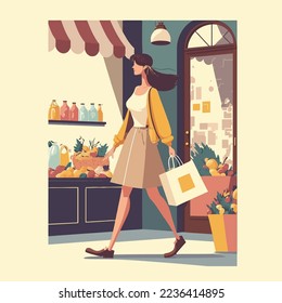 fashionable woman shopping carrying bags. Concept of shopping addiction, shopaholic vector flat style illustration