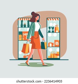 fashionable woman shopping carrying bags. Concept of shopping addiction, shopaholic vector flat style illustration