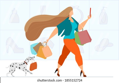 Fashionable woman shopping. Successful active girl with a Dalmatian dog carries shopping bags. Woman talking on a smartphone in a store. Vector in a flat style.
