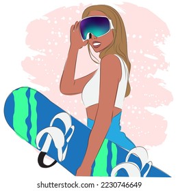 Fashionable woman in ski goggles at a ski resort, fashion, vector illustration