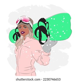 Fashionable woman in ski goggles at a ski resort, fashion, vector illustration