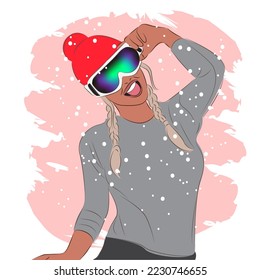 Fashionable woman in ski goggles at a ski resort, fashion, vector illustration