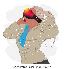 Fashionable woman in ski goggles at a ski resort, fashion, vector illustration