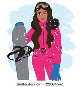 Fashionable woman in ski goggles at a ski resort, fashion, vector illustration