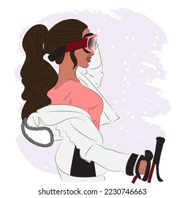 Fashionable woman in ski goggles at a ski resort, fashion, vector illustration