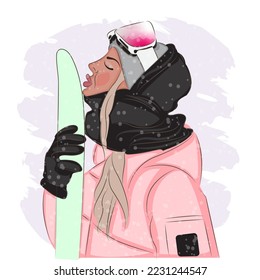 Fashionable woman in ski goggles at a ski resort, fashion, vector illustration