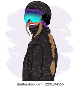 Fashionable woman in ski goggles at a ski resort, fashion, vector illustration