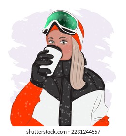 Fashionable woman in ski goggles at a ski resort, fashion, vector illustration