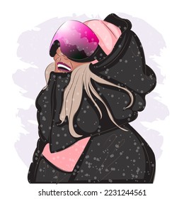 Fashionable woman in ski goggles at a ski resort, fashion, vector illustration