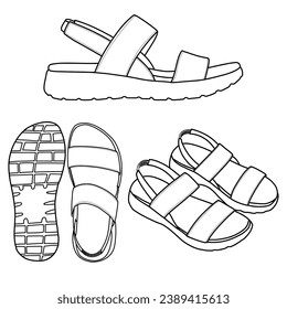 Fashionable woman strap sandals. Stylish elegant flat sole open toe footwear. Vector illustration, isolated on a white background.