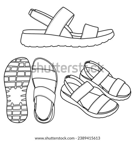 Fashionable woman strap sandals. Stylish elegant flat sole open toe footwear. Vector illustration, isolated on a white background.