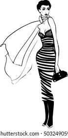 Fashionable woman in a striped dress. Vector